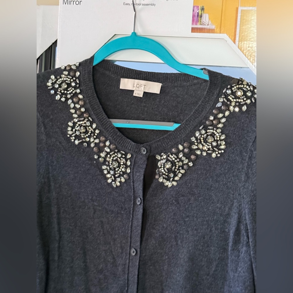 LOFT CHARCOAL EMBELLISHED CARDIGAN - M